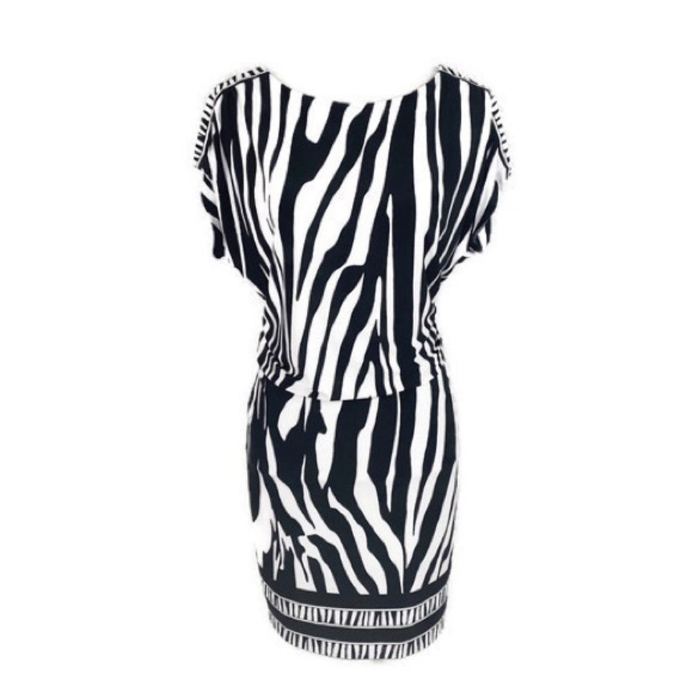 Cache black white animal jersey blouson dress OO2